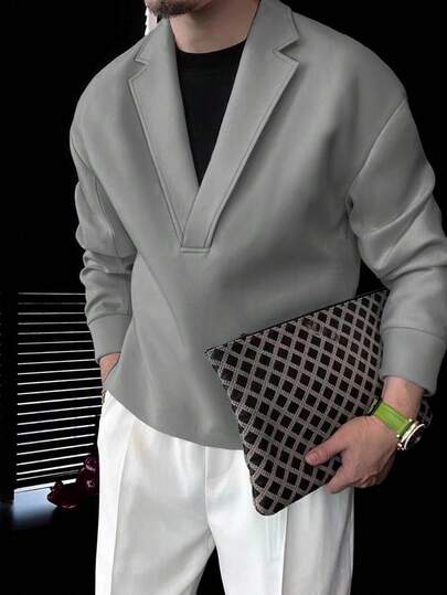 Manfinity Homme 男士纯色翻领长袖休闲外出卫衣，秋季款