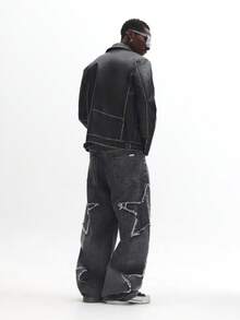 SUMWON Extreme Star Pattern Distressed Denim Jeans Wide Leg Destroyed Washed Vintage Look Casual Street Style Loose Fit Pants - Black - View 7