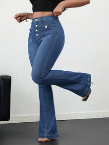 SHEIN PETITE CURVE 大码女式纽扣前袋喇叭裤休闲牛仔裤，适合夏季、秋季返校季、返校节等场合，可爱千禧风，机场时尚，低调复古，适合教师等场合。 - 中等水洗藍 - 查看 3