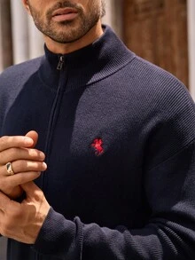 HIMLAND Suéter tipo cardigan para hombres con cremallera de metal y bordado, ajuste holgado de punto para otoño e invierno - Azul Marino - Ver 8