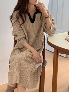 DAZY Women's Colorblock Casual Midi Sweater Dress, Autumn/Winter Vacation - Apricot - View 2