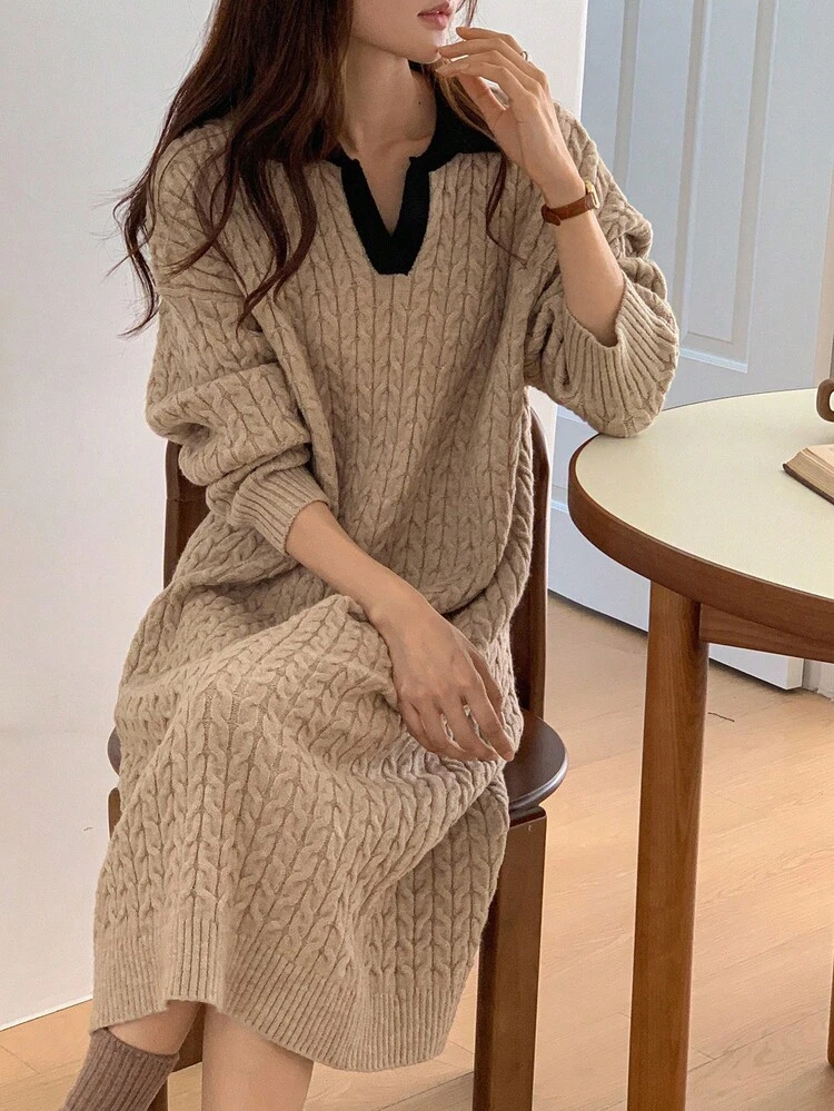 Women's Colorblock Casual Midi Sweater Dress, Autumn/Winter