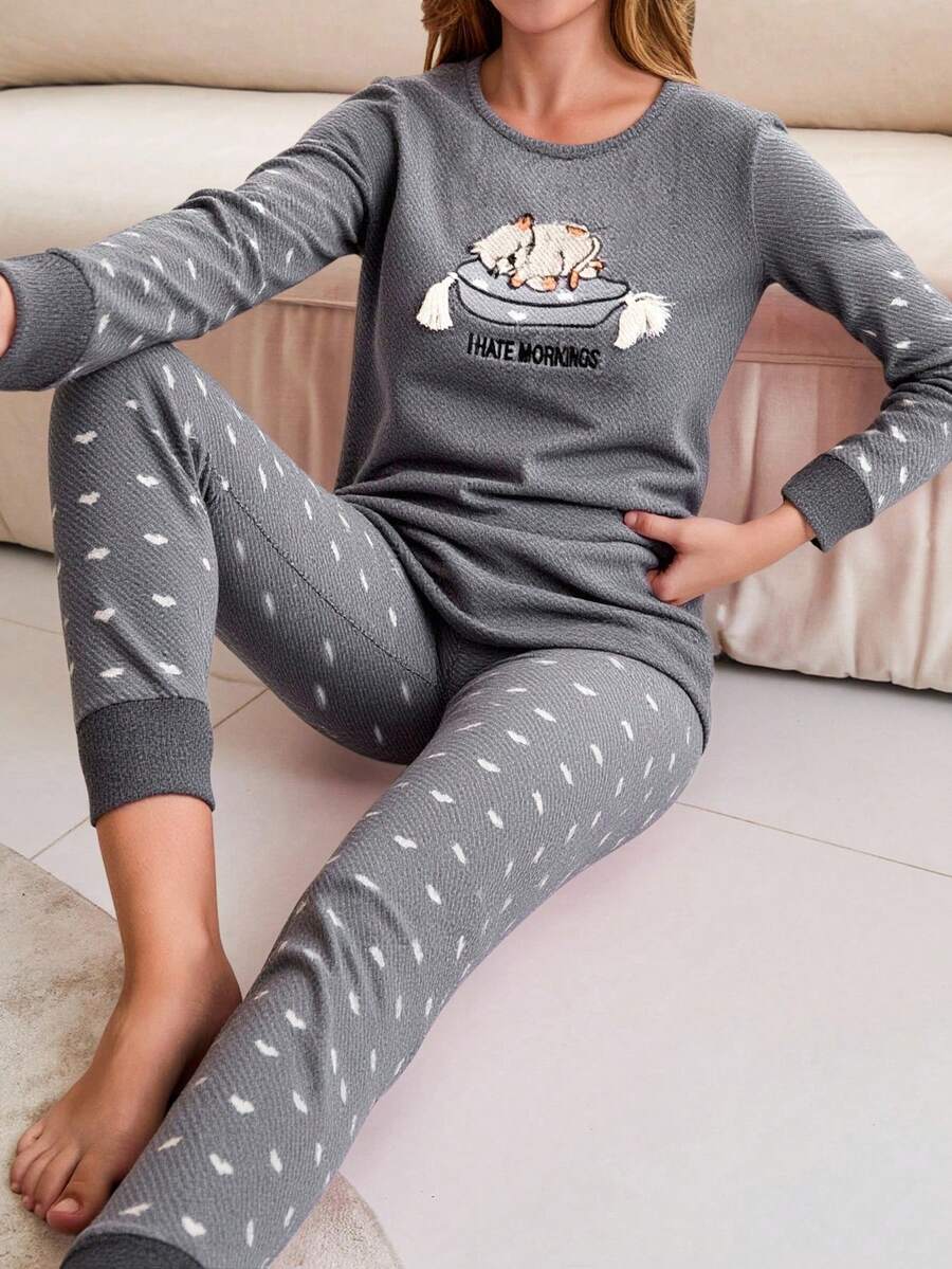 RueChic Slogan & Cartoon Embroidered Flannel PJ Set - Grey - View 1