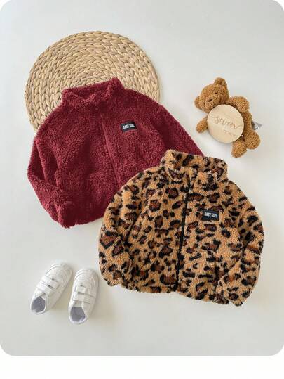 SHEIN 2pcs Babygirl Casual Fluffy Leopard Print Stand Collar Jacket, Versatile For Autumn/Winter