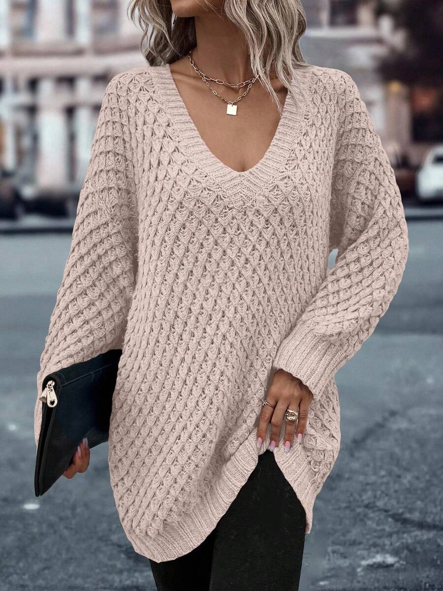 EMERY ROSE Women's V-Neck Dropped Shoulder Long Sleeve Loose Casual Vacation Sweater, Autumn/Winter