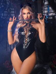 Fantasy Costume Set de 2 piezas de bodystocking sexy con cuello halter, tirantes de liguero y diadema para mujeres - Negro - Ver 3