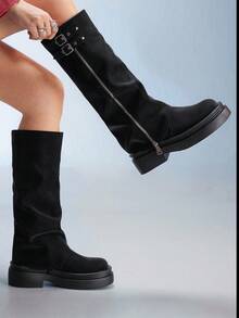 CUCCOO GRLICON 黑色厚底扣法式仙女风格西部筒靴，女式中筒靴，适合万圣节、圣诞节、派对、秋季 - 黑色 - 查看 6