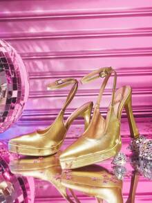 CUCCOO LuxiPop Giày cao gót đế xuồng mũi nhọn chống thấm nước cho nữ, chất liệu vải vàng, thiết kế tối giản thời trang, thoải mái cho tiệc tùng, quai khóa - Vàng - Xem 8