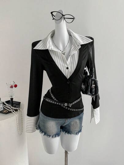 SHEIN Unity High IQ 休闲/职业条纹拼布修身中长袖衬衫，黑色，春夏秋