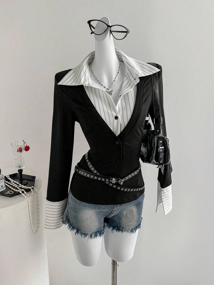 SHEIN Unity High IQ 休闲/职业条纹拼布修身中长袖衬衫，黑色，春夏秋 - 彩色 - 查看 1