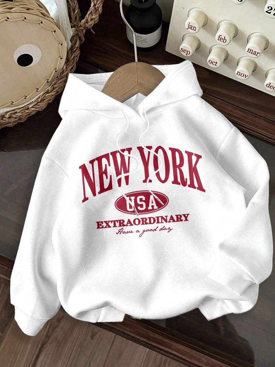 SHEIN EZwear 休闲简约红色字母印花抽绳连帽长袖宽松厚款卫衣女秋冬 - 白色 - 查看 1