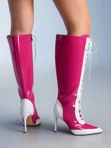 CUCCOO GRLICON Botas altas de mujer con punta afilada, tacón de gatito, estilo de carreras con bloqueo de color y cordones, adecuadas para Navidad, Halloween, estilo Y2K, color rosa