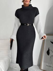 EURMUSE Women's Autumn/Winter Contrast Color Turtleneck Drop Shoulder Long Sleeve Fitted Knit Dress - Grey - View 3