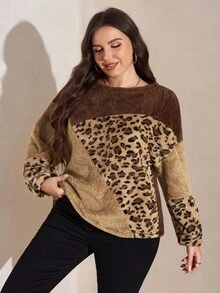 Comfylo Áo nỉ họa tiết da báo khối màu cỡ lớn thường ngày, mùa thu đông - Màu Khaki - Xem 3
