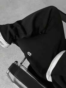 Manfinity Dauomo Unisex Loose Straight-Leg Pants - Elastic Drawstring Belt, All-Season Street Style Casual Trousers, Suitable For Both Daily And Formal Wear, Machine Washable And Versatile Clothing, Durable And Wear-Resistant Embroidery Design, Urban Style - Black - View 3