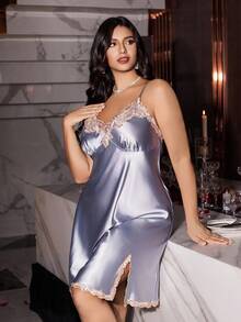 SHEIN SilkySpell 加大码睡袍，刺绣缎面连衣裙，烟熏蓝 - 霧霾藍 - 查看 5