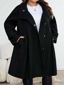 SHEIN CURVE+ 大码女式黑色连帽收腰 A 字型大衣，秋冬休闲风格 - 黑色 - 查看 4