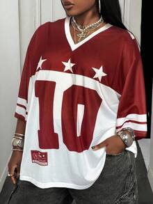 SHEIN CURVE+ Plus Size Women's Spring/Summer Streetwear Couple's Casual V-Neck Off Shoulder Letter Print Plus Size Casual Sports T-Shirt - Red - View 3