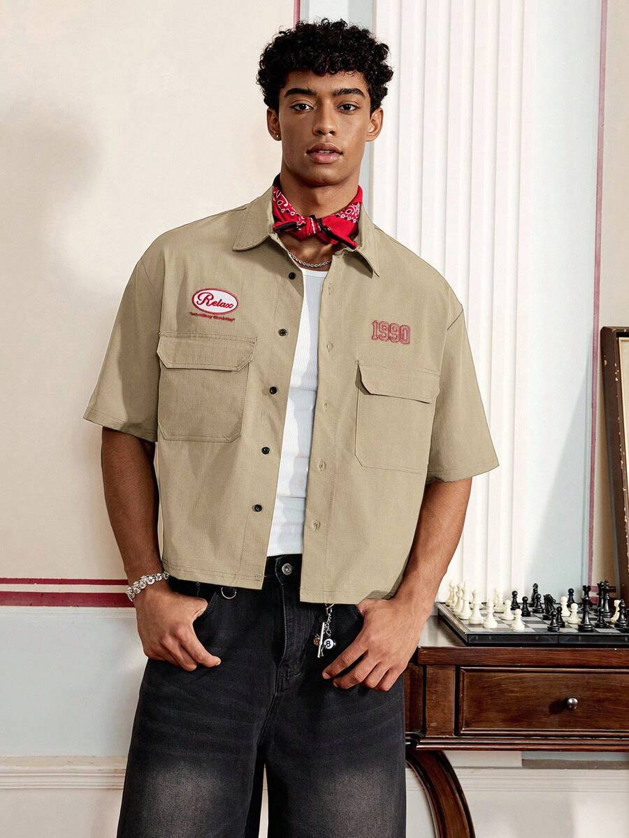 SWAVVY Men's Fashion College Style Button-Down Short Sleeve Shirt - Khaki - View 1