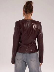 SHEIN BAE 女式秋季仿鳄鱼纹长袖单排扣时尚夹克 - 酒紅色 - 查看 2