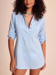 CAJUNI Women's Casual Vacation Retro Blue & White Striped Long Sleeve Shirt, Suitable For Dates, Outings - Autumn - Blue and White - View 6