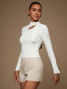 L'Amorae Women's Hollow Collar Tie Waist Elegant Long Sleeve Blouse - White - View 3