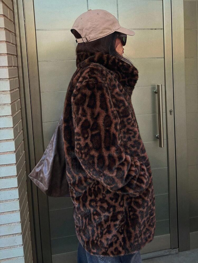Loose Lapel Leopard Print Thickened Faux Fur Jacket For Women, Autumn/Winter Women Coats