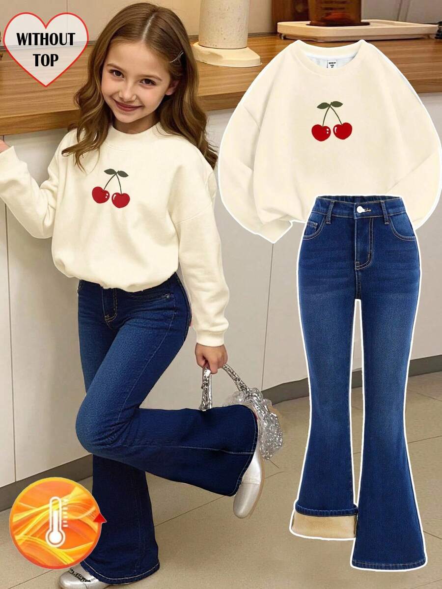 SHEIN 少女Y2K时尚休闲基础款深蓝色牛仔保暖内衬猫须高弹力修身喇叭裤，适合女孩秋冬日常穿着、街头风穿搭、万圣节和圣诞节装扮，保暖内衬牛仔裤，冬季牛仔裤，青少年牛仔裤 - 深色水洗藍 - 查看 1