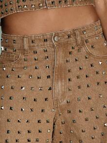 KIZN Cotton Studded Wide Leg Jeans High Waist Festival Y2K Rhinestone Embellished Baggy Pants Raw Hem Palazzo Denim Western Cowgirl Fall Winter