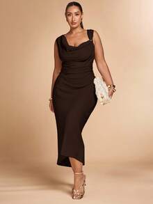 SHEIN BAE 大码女式卡其色不对称金属长裙 - 咖啡棕 - 查看 3