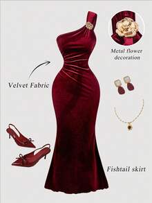 SHEIN MOD 大码复古优雅女式单肩金属扣长裙，天鹅绒美人鱼裙，酒红色，冬季连衣裙 - 酒紅色 - 查看 3