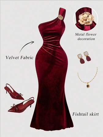 SHEIN MOD 大码复古优雅女式单肩金属扣长裙，天鹅绒美人鱼裙，酒红色，冬季连衣裙