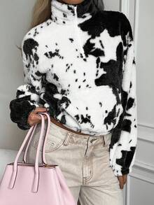 CovetEZ 女式休闲羊毛运动衫，黑白动物印花，秋冬女装 - 黑與白 - 查看 3