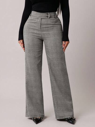 Radiana Pantalones anchos y sueltos de cintura alta a cuadros elegantes para oficina