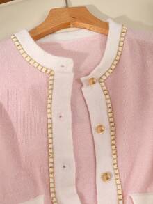 SHEIN Tall Elegante cárdigan redondo de cuello suave y esponjoso con bloques de color y delicado ribete de encaje, adecuado para mujeres altas en primavera/otoño - Rosa - Ver 5