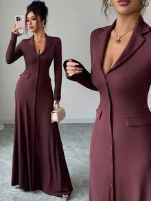 SHEIN Elenzya 女式标准尺码纯色罗纹修身优雅针织连衣裙，秋冬 - 咖啡 - 查看 8