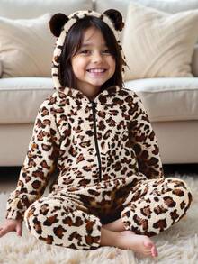 SHEIN 年轻女孩针织连帽豹纹连体裤，休闲家居服 - 卡其色 - 查看 6