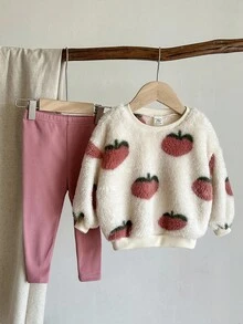 LMoss Kids LMoss  2pcs Baby Girl Knitted Fluffy Strawberry Pattern Casual Sweatshirt And Leggings Set,Pink Leggings,Styles Confortables D'automne&Hiver,Pullover,Gemütliche Herbst- & Winterstile,Cozy Fall & Winter Styles