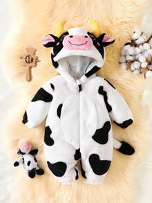 SHEIN Newborn Cow Shaped Outfit, Cute 3D Embroidered Hat, Plush Long Sleeve Jumpsuit With Long Pants, Baby Clothing Set - Black and White - View 2