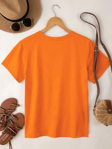 EMERY ROSE Camiseta holgada de mujer con cuello redondo y estampado casual - Naranja - Ver 2