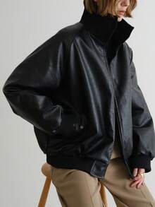 FRIFUL Women's Black Solid Color PU Fabric Stand Collar, Cuff & Hem Drawstring Loose Casual Padded Coat, Suitable For Autumn/Winter Jacket