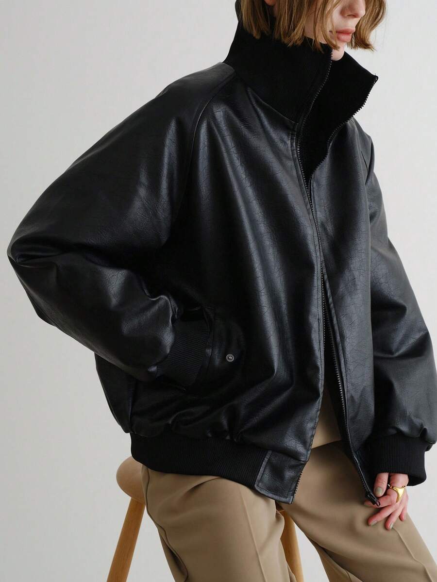 FRIFUL Women's Black Solid Color PU Fabric Stand Collar, Cuff & Hem Drawstring Loose Casual Padded Coat, Suitable For Autumn/Winter Jacket