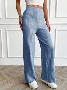 EURMUSE Women's Rib Knitted Straight High Waist Knit Pant - Baby Blue - View 5