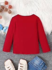 Young Girl's Casual Fashion Versatile Black Knit Ruffle Trim Long Sleeve Blouse, Suitable For Autumn And Winter, Red For Christmas, Party Wear, Daily Wear School, Birthday , Princess Tee Top.