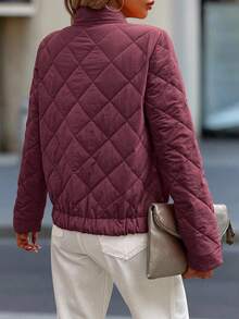 EMERY ROSE Women's Solid Color Long Sleeve Zip-Up Quilted Baseball Jacket, Autumn/Winter, Christmas - Burgundy - View 2