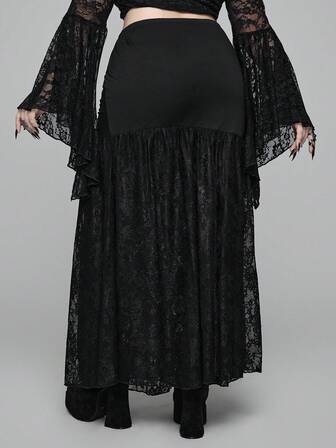 EDITION Jupe moulante noire gothique de style palais, en dentelle et maille, avec nœud papillon fait main et froncée, pour femmes en grande taille