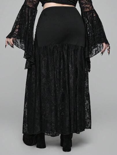 EDITION Plus Size Gothic Palace Party Ball Lace Mesh Handmade Bowknot Ruched Black Mermaid Bodycon Skirt For Women