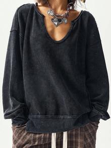 Bohemela Moletom Feminino Casual de Cor Sólida, Decote em V, Manga Longa, Caimento Solto, Roupas de Outono e Inverno para Mulheres - Preto - Visão 8