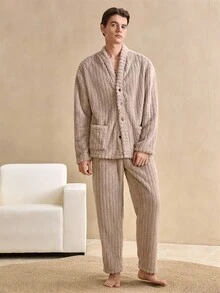 Vintage British Style Soft Coral Fleece Striped Textured Fleece Loungewear Top, Long Sleeve Button-Up Fluffy Casual Wear, Soft And Comfortable Men's Loungewear, For Fall Winter, Cozy - Grey - View 4