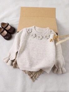 SHEIN Playful Pals Young Girl' Oatmeal Hand-Knitted Chunky Sweater, Crew Neck, Autumn/Winter, Fashionable & Elegant Ruffle Cuff & Hem Details Fall
